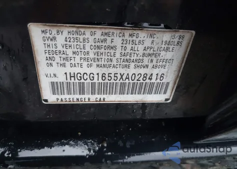 1999 Honda Accord Ex V6 from USA, damaged, VIN 1HGCG1655XA028416